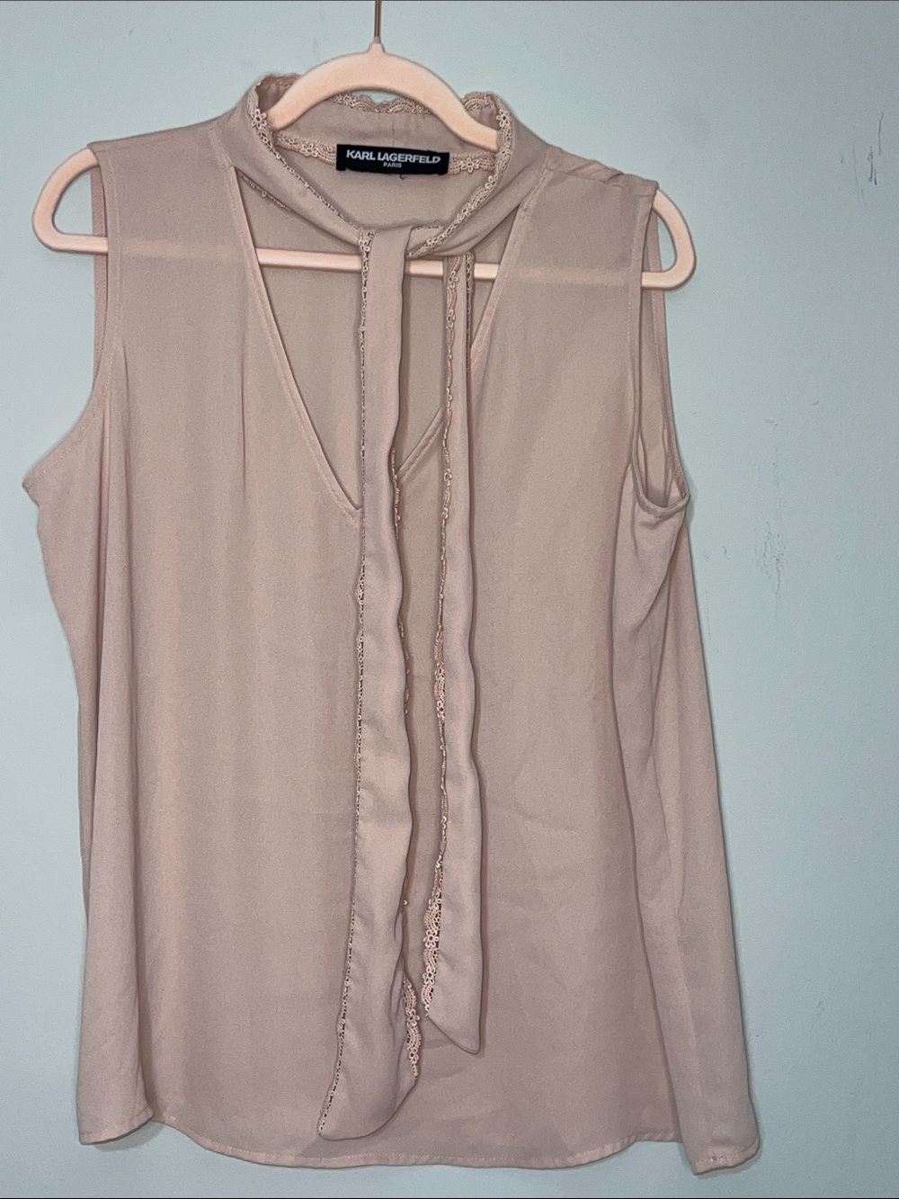 Karl Lagerfield Paris Pink Sleevless Blouse Tie Around with flaw